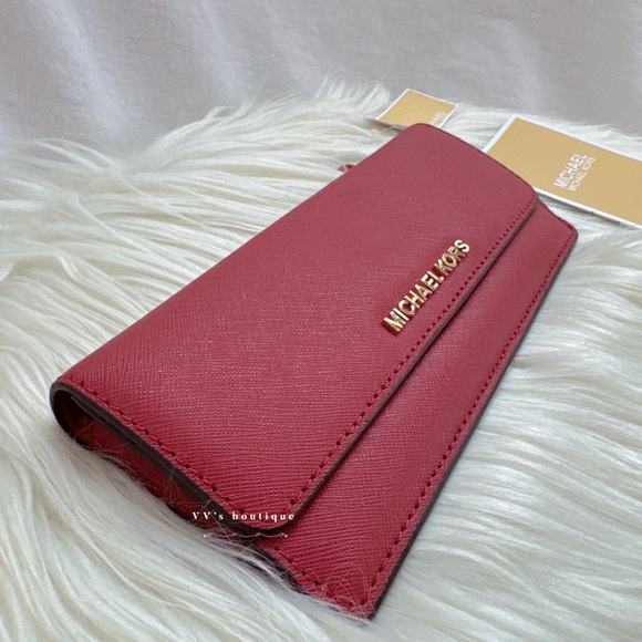 NWT Michael Kors MK Jet Set Saffiano Leather Flat Large Long Wallet Scarlet Red - Picture 3 of 6